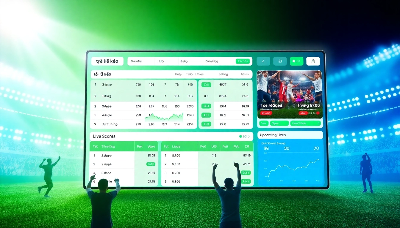 Vibrant sports betting interface displaying tỷ lệ kèo and live football scores.