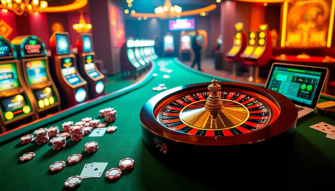 Scène excitante de casino en ligne français mettant en vedette une roue de roulette, des jetons de poker et une atmosphère de jeu à mises élevées.