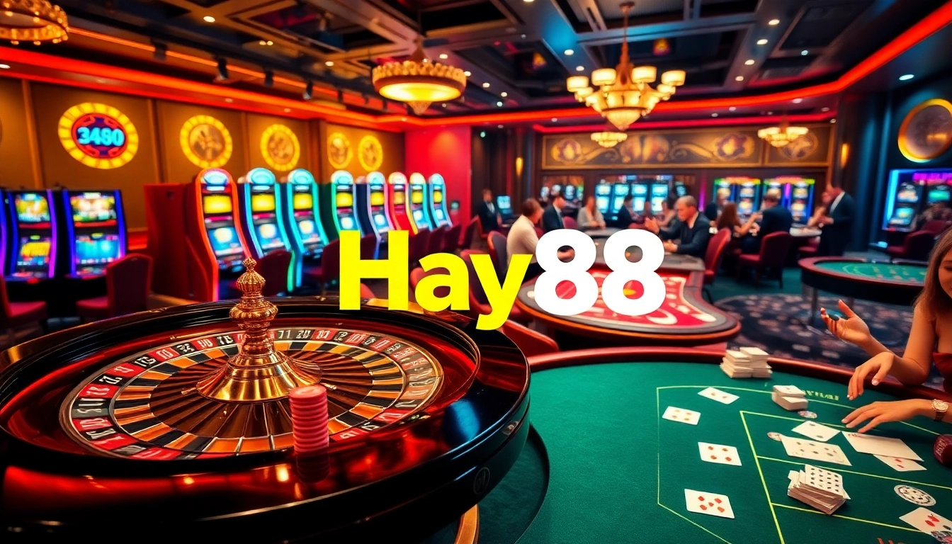 Experience the excitement of gambling at Hay88 with vibrant casino visuals featuring roulette and poker tables.