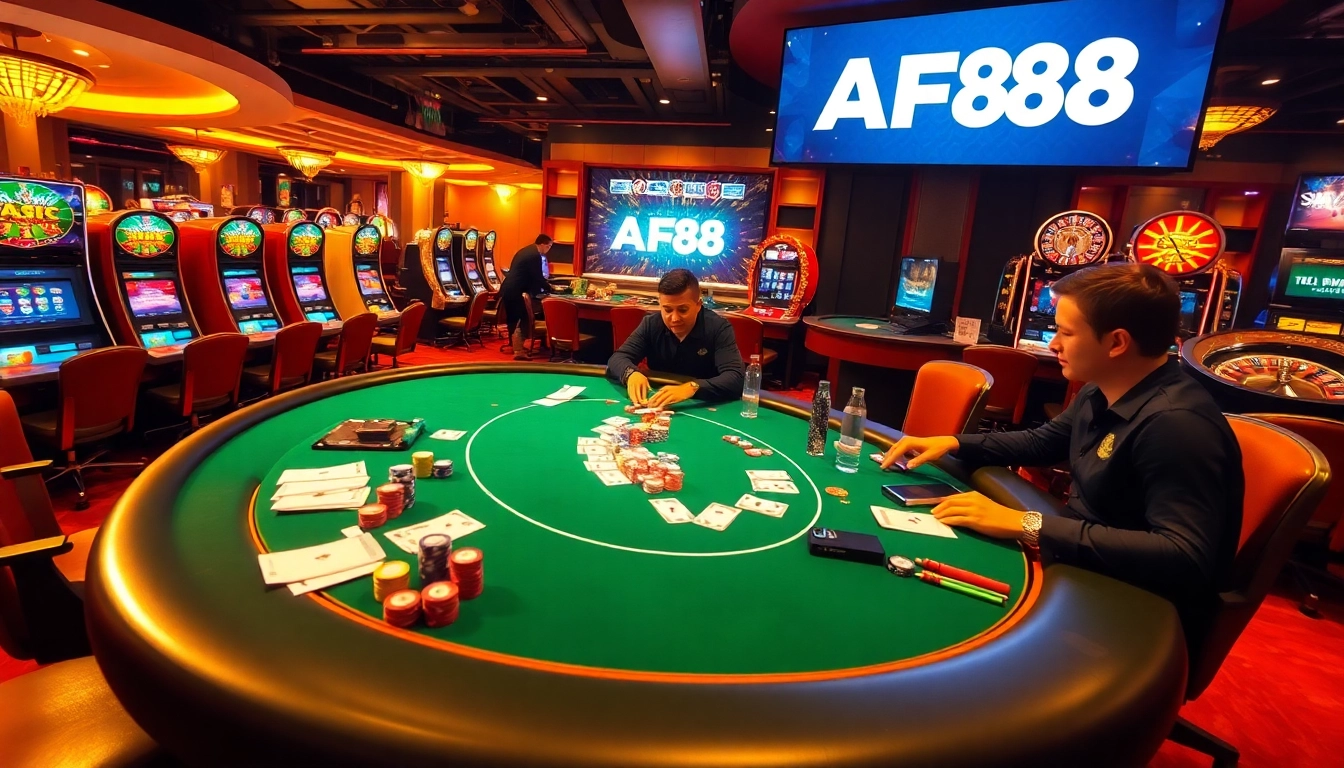 AF88 casino scene showcasing a professional poker game with vibrant slot machines in an elegant atmosphere.