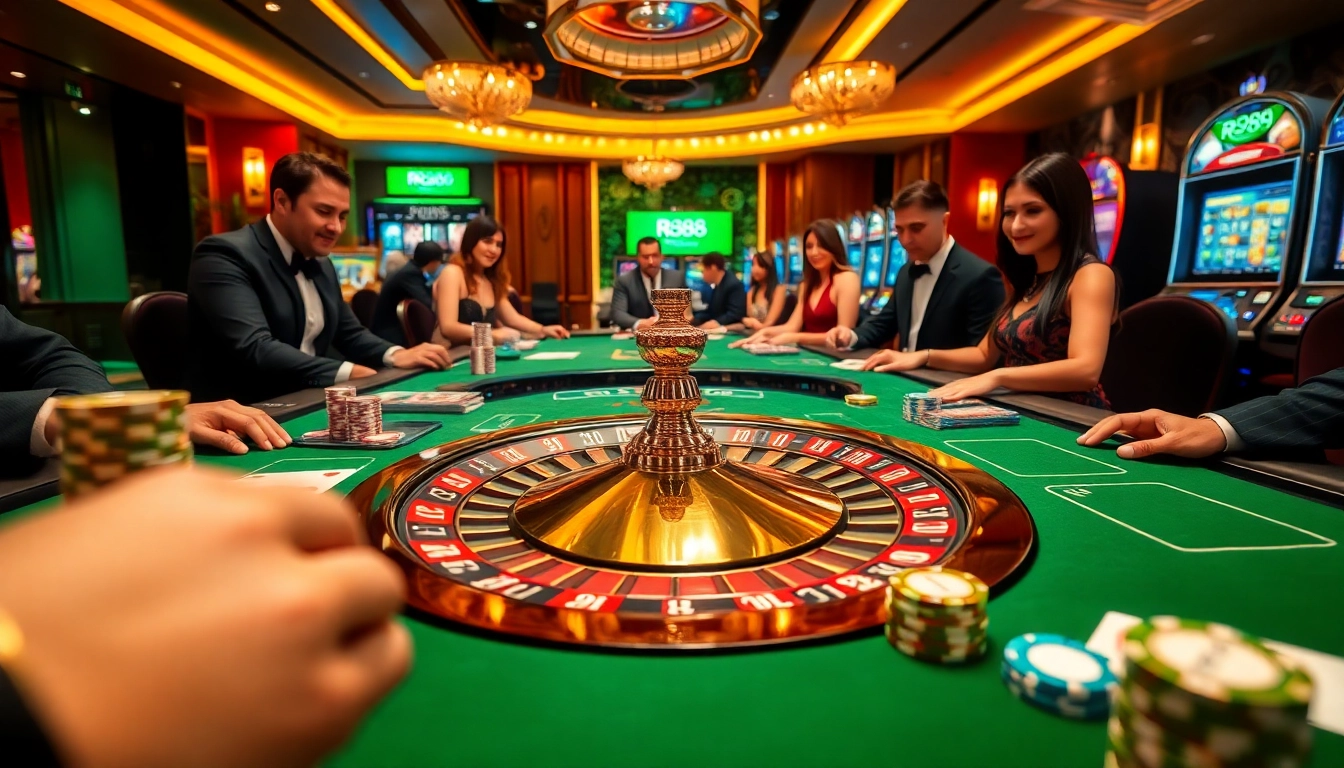RR88 players enjoying a thrilling moment at a luxurious casino table with poker chips and cards.