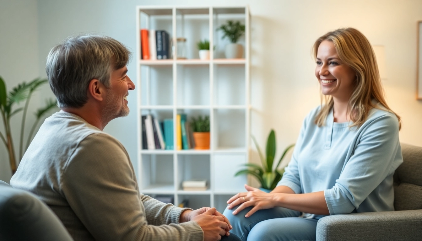 A therapist discussing depression symptoms with a client in a warm, inviting counseling room.