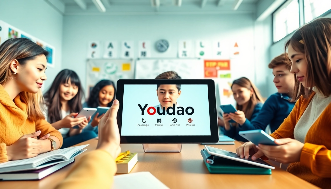 Youdao app showcased in a modern classroom, highlighting language learning among diverse students.