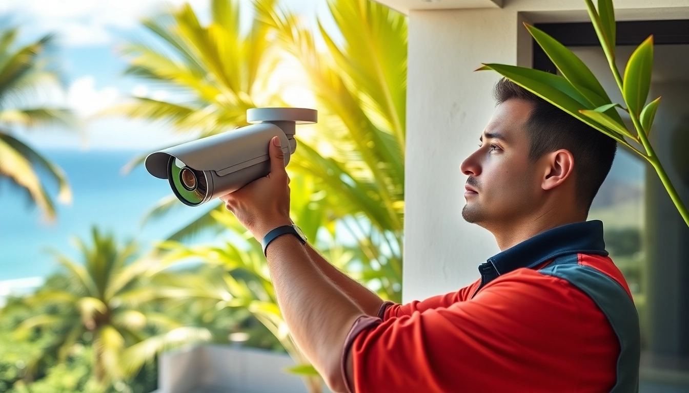 Cámaras de seguridad en Guanacaste mostrando una instalación profesional por un técnico en un entorno moderno de Costa Rica.