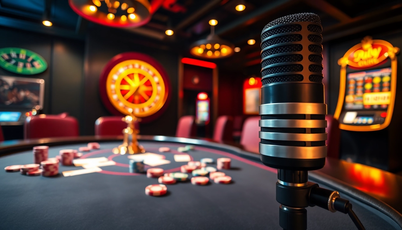 Exciting casino scene capturing the MV88 microphone amid vibrant poker chips and a spinning roulette wheel.