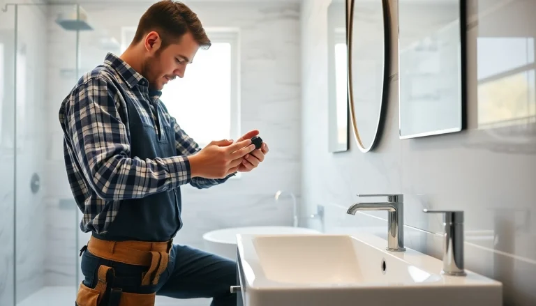 Skilled bathroom remodeling contractors installing fixtures in a beautifully renovated bathroom.