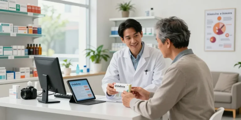 Vidalista consultation in a modern pharmacy with a pharmacist assisting a customer.