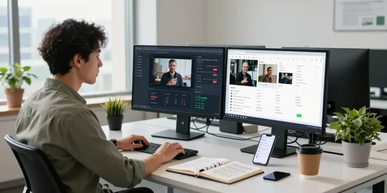 Data analyst using a free AI detector in a modern workspace, analyzing image results on multiple screens.