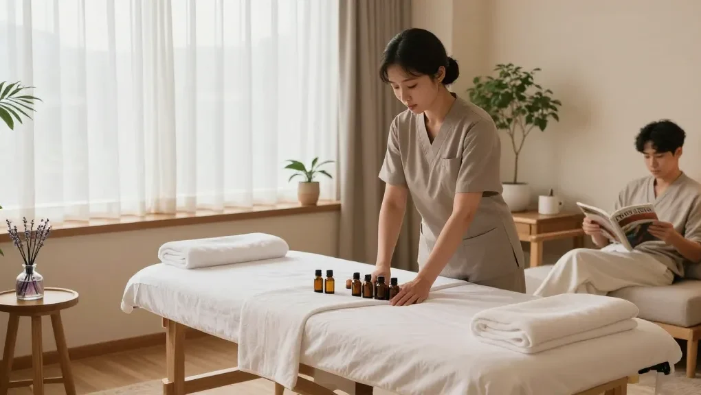 Relaxing massage therapy studio atmosphere promoting 서울출장마사지 with calming elements.