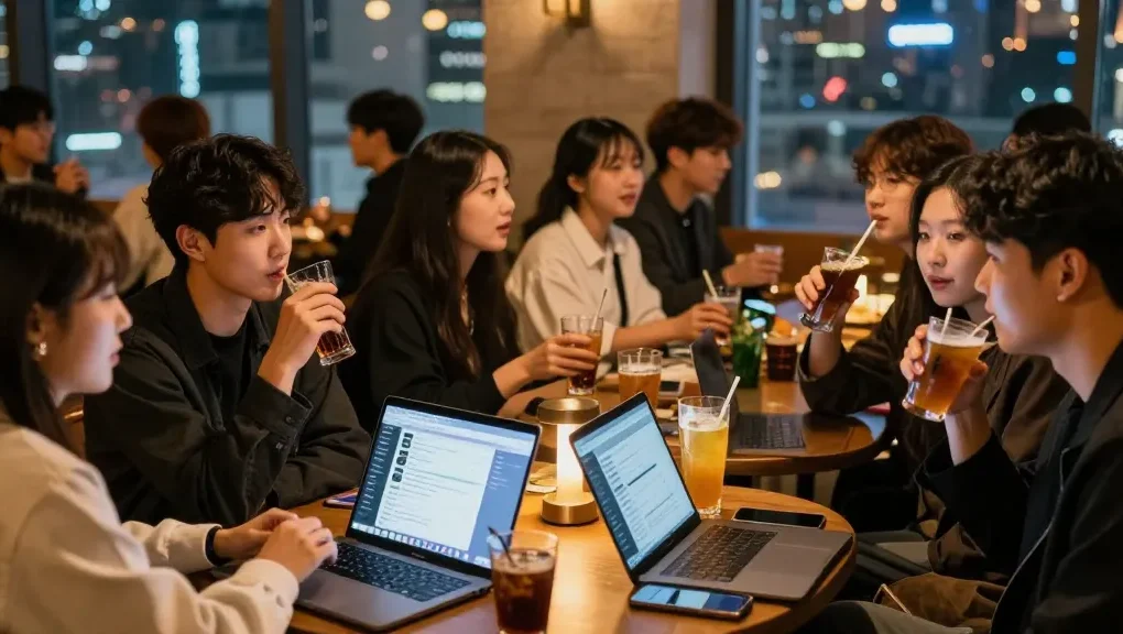하루이야기의 활기찬 강남 알바 커뮤니티에서 젊은 사람들이 소통하는 장면