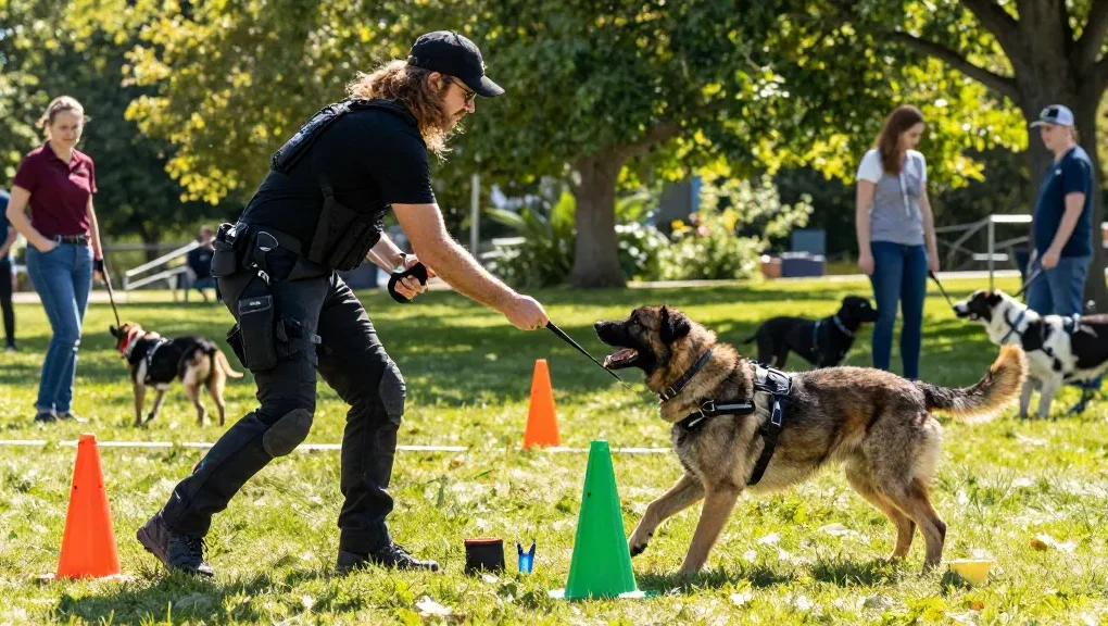 Training gear scene showing rokok88 login harness for effective K9 training outdoors.