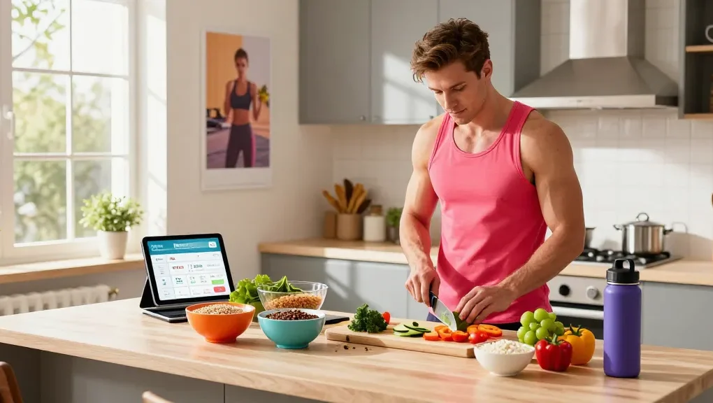 Engaging kitchen scene showcasing a fitness enthusiast using the best calorie tracker app while preparing a healthy meal.