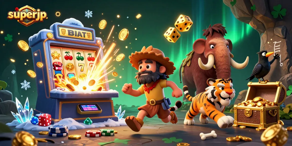 Play exciting games with superjp in a vibrant prehistoric casino scene, featuring slot machines, dice, and unique characters.