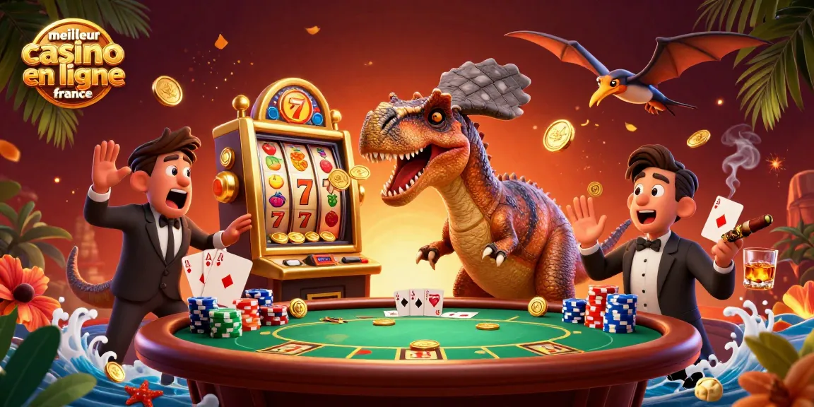 Illustration dynamique du meilleur casino en ligne France avec un pachycéphalosaure et un gestionnaire d'ankylosaure.