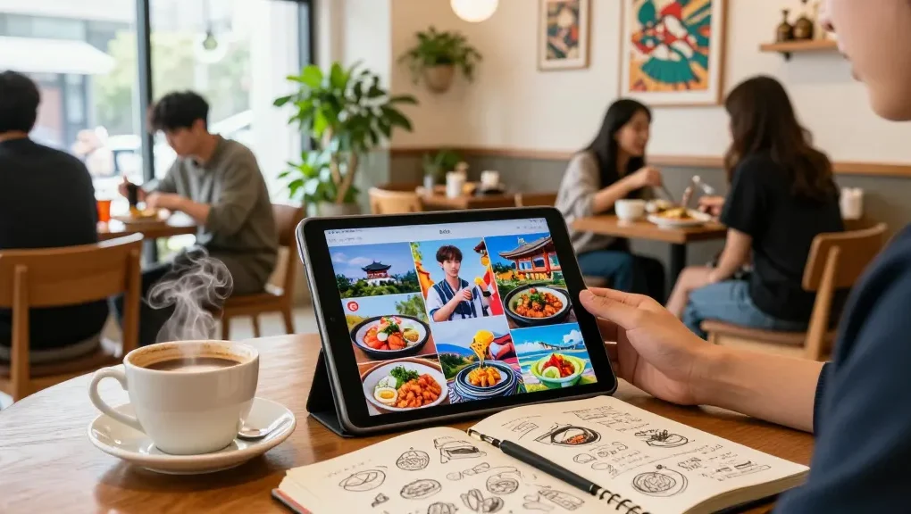 Engaging scene at https://hanadultalk.com, showcasing vibrant Asian culture through a reader in a cozy café, surrounded by decor and delicious dishes.