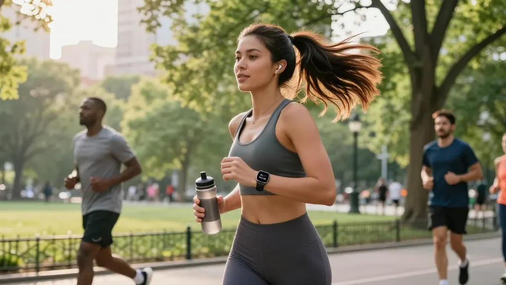 Wanita stylish dengan Fitbit Luxe jogging di taman kota, menunjukkan teknologi kesehatan terkini https://www.polarfitbitshop.com/fitbit-luxe/.