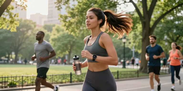 Wanita stylish dengan Fitbit Luxe jogging di taman kota, menunjukkan teknologi kesehatan terkini https://www.polarfitbitshop.com/fitbit-luxe/.