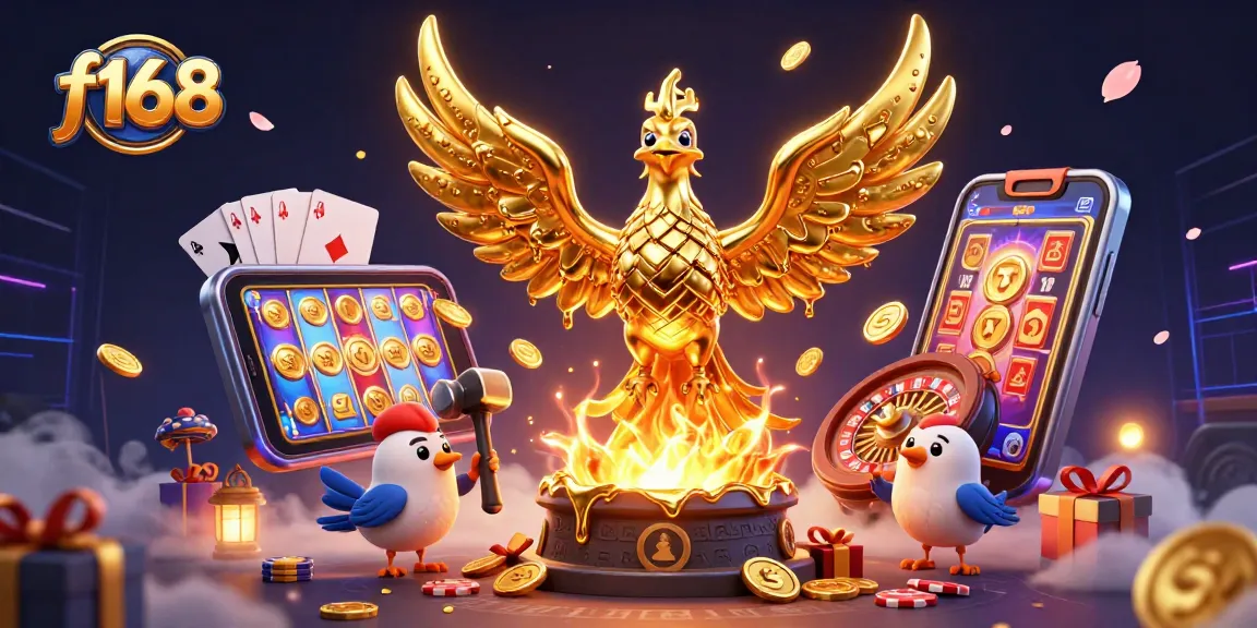 Experience the thriving gaming excitement at f168 with a molten phoenix, slot games, and golden coins.
