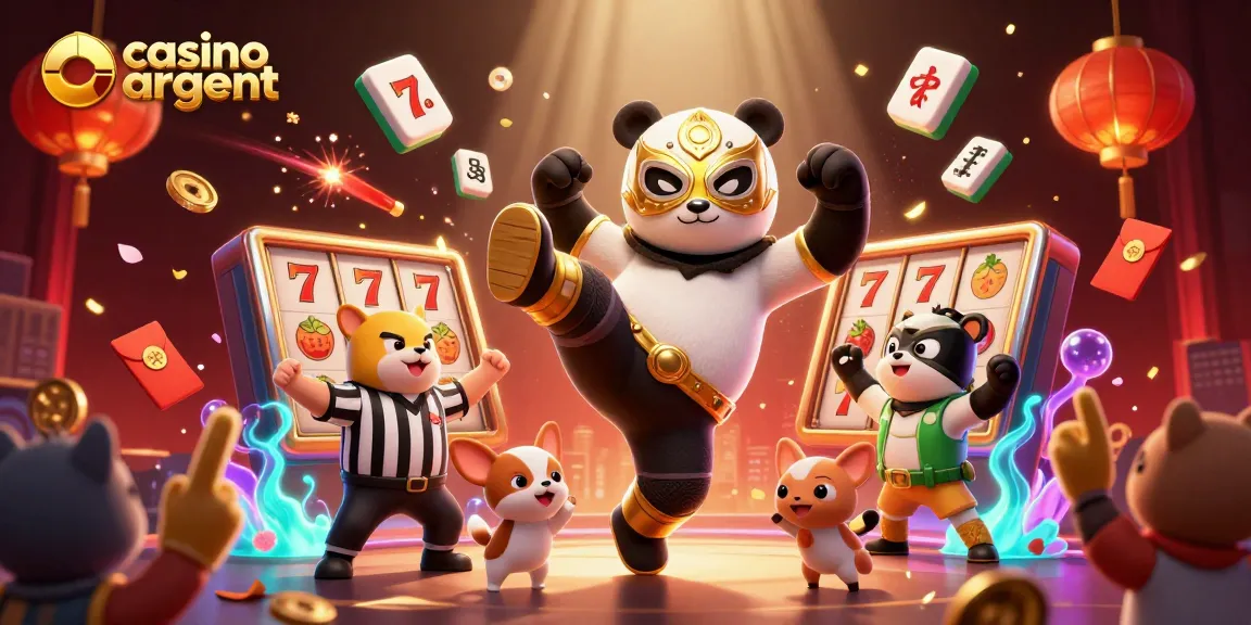 Illustration captivante de casino argent réel en ligne avec panda lutteur et éléments de jeu dynamiques